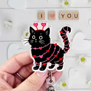 Valentine Black Cat Badge Reel, Cute Cat Lover Badge Holder, Funny Nurse Healthcare ID Reel, Valentine Gift for Nurses and Coworkers