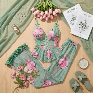 Two-Piece Transparent Sleepwear Pajamas Loungewear Set, Cute Comfortable Soft Floral Party Style, Sleeveless Fitted Design, All Seasons Wear