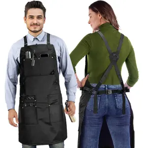 Barber Apron - Leather Straps, Pockets, Loops & Reinforcements - Crossback - Water Resistant