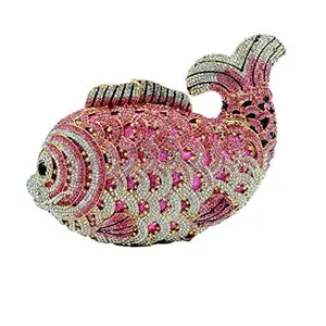 Tngan Women Mini Fish Clutch Luxury Rhinestones Purse Sparkling Banquet Handbag Wedding Party Clutch Bag, Pink