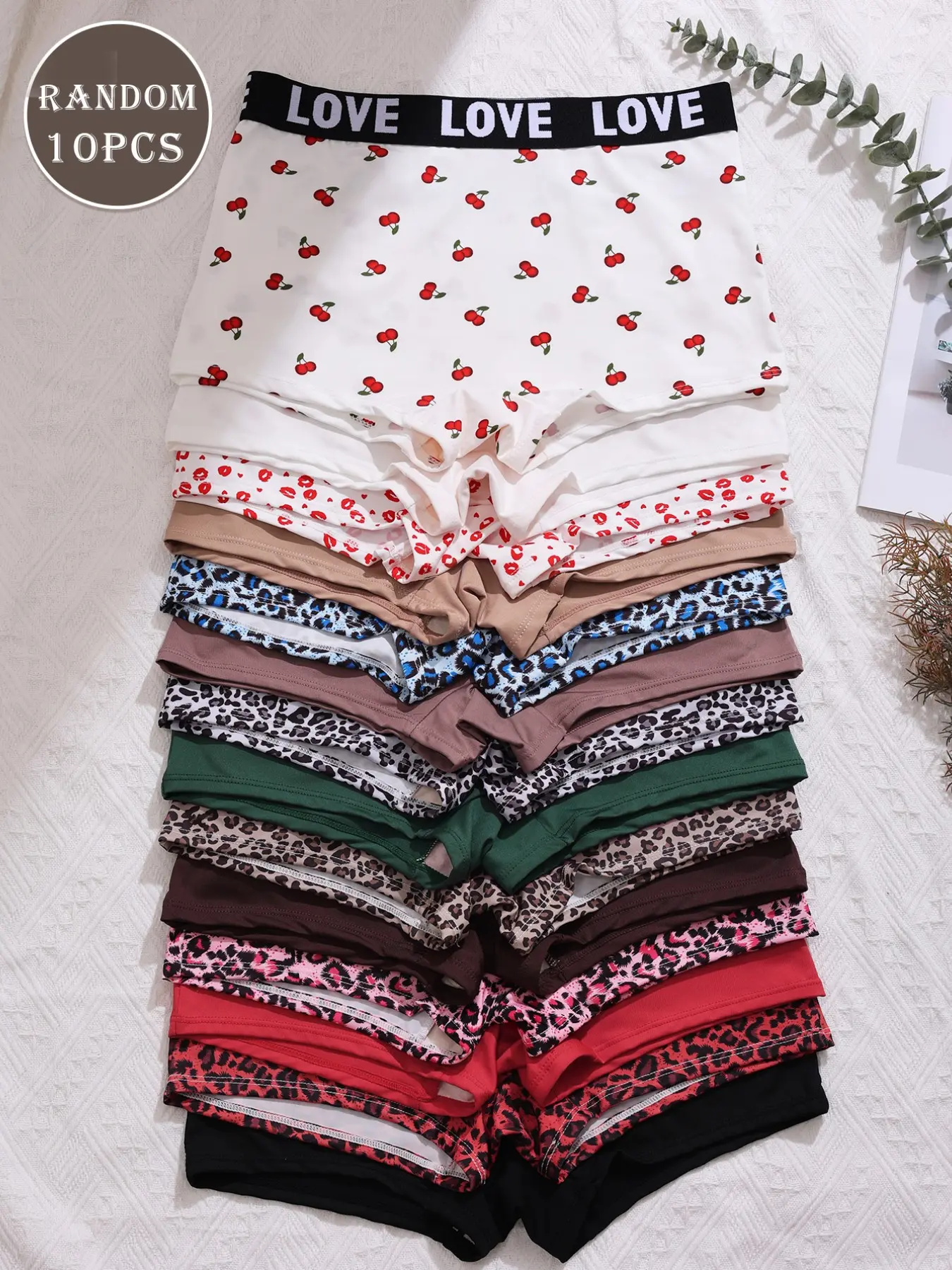 Women's Random Lip Print Pack of 10, Cherry Leopard Pattern, Casual Fitted Underwear Panties, All Seasons Wear, No Ca Prop 65