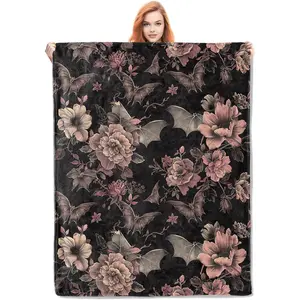 Gothic Blanket, Floral and Bat Flannel Throw Blankets,Soft Warm Lightweight Cozy Plush Halloween Goth Throws for Bedroom Sofa Home Decor Gifts for Women Girls 50"x60"