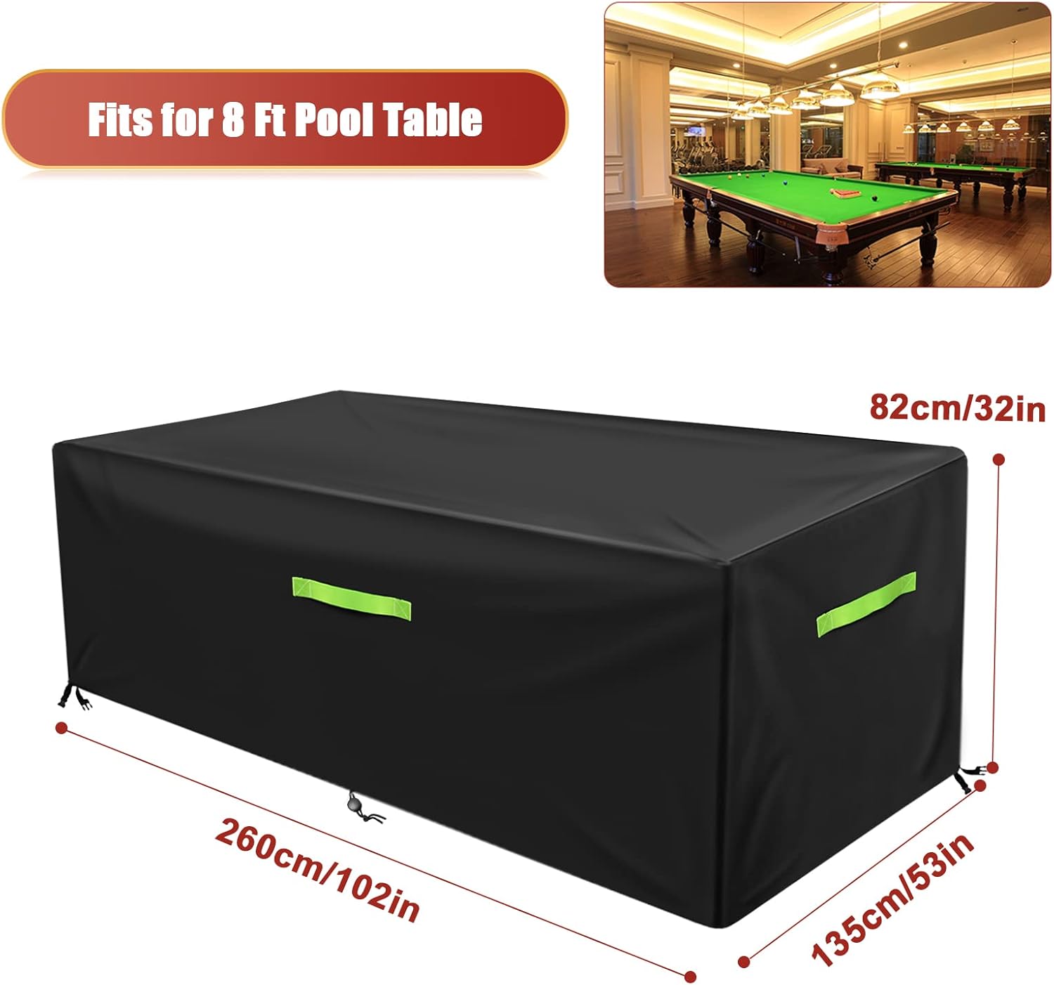 8 FT Waterproof Billiards Table Full Cover - Indoor-Outdoor Use, Handles, Buckle Secure, Drawstring Tie, Standard Fit (102x53x32 in, Black) 8 FT Waterproof Billiards Table Full Cover - Indoor-Outdoor Use, Handles, Buckle Secure, Drawstring Tie, Standard Fit (102x53x32 in, Black)
