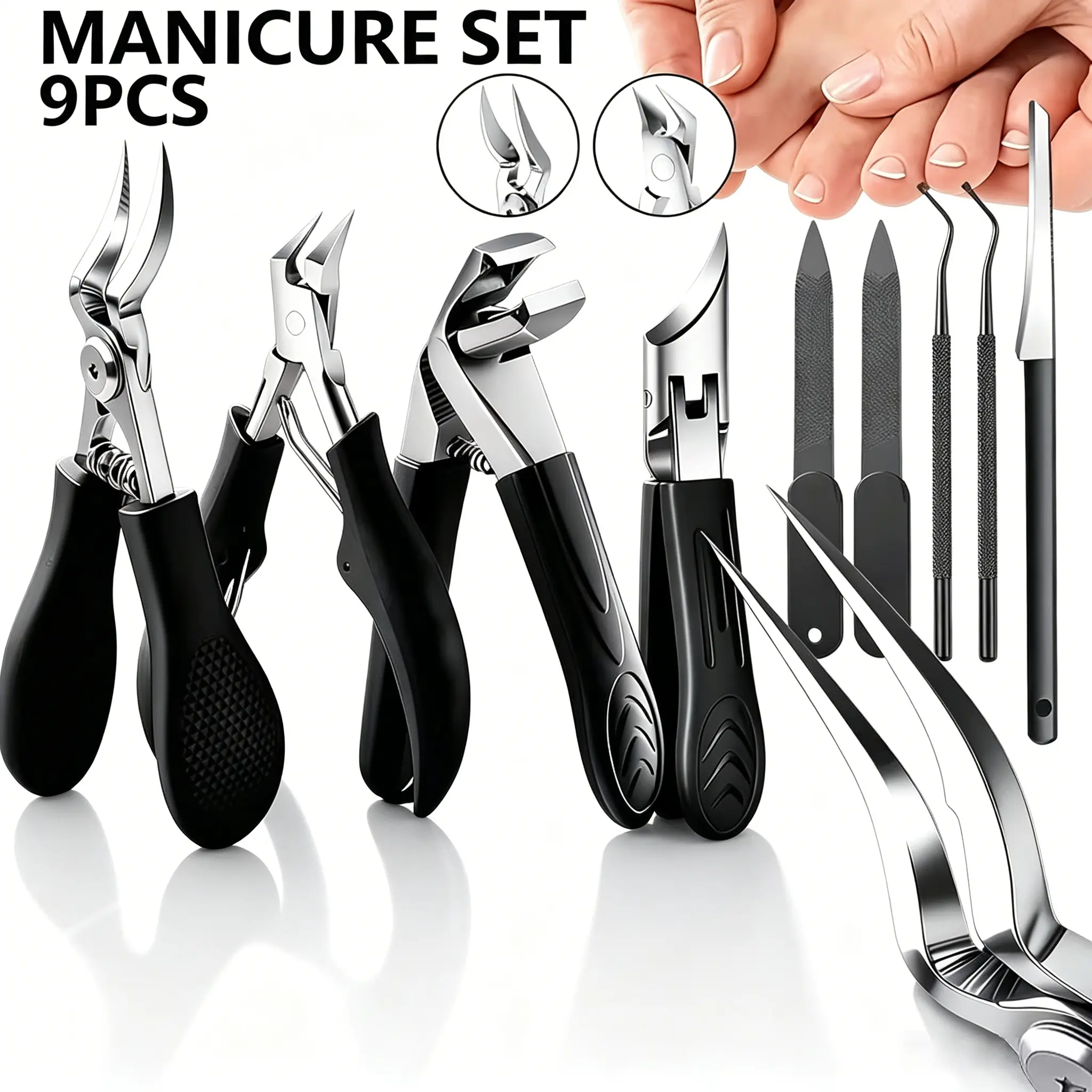 9PCS Stainless Steel At Home Nail Care Set - Wide-Jaw Opening Clippers, Precise Cutting Tools for Ingrown, Thick Nails, Professional Manicure & Pedicure Supplies