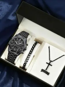 4-piece men's black matte steel strip material Business Fashion Watch casual multifunctional waterproof calendar men's night light Valentine's Day gift holiday gift quartz watch