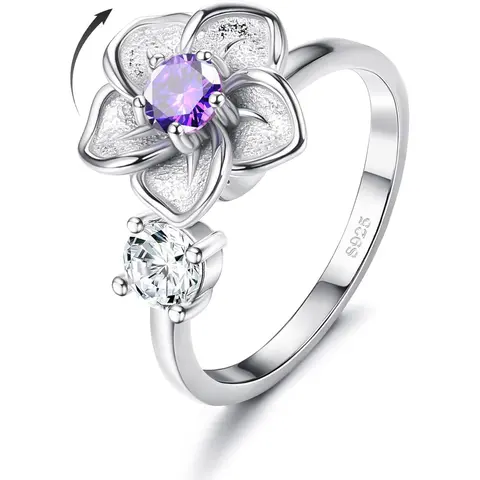 Women's Adjustable 925 Sterling Silver Anxiety Ring - Exquisite Trendy Floral Design Statement Ring, Open Spin Fidget Piece with Aquamarine Zircon, Amethyst Accents, Birthstone Relief Crystal Flower Details, Exquisite Trendy Ring