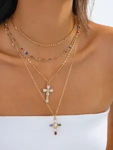 Vintage Metal Cross Pendant Y-Shaped Long Necklace Set, Bohemian Style Colorful Crystal Jewelry for Women, All Seasons Wear, Statement Necklace