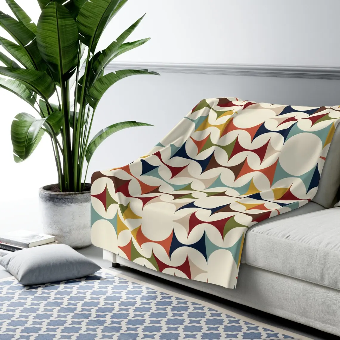Mid-Century Modern Geometric Textured Fleece Throw Blanket - Fleece Fabric, Soft, Machine Washable, All Seasons Statement Blanket - Cream, Teal, Mustard Yellow, Rust - For Sofa, Bed