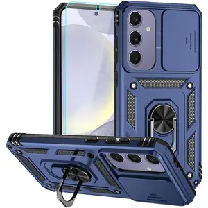 for  Galaxy S24 FE Case, Soft  Rubber Bumper Hard Plastic Phone Case with [Sliding Camera Lens Cover] [360? Rotatable Kickstand Ring] [HD Screen Protector] for S24 FE 5G Blue