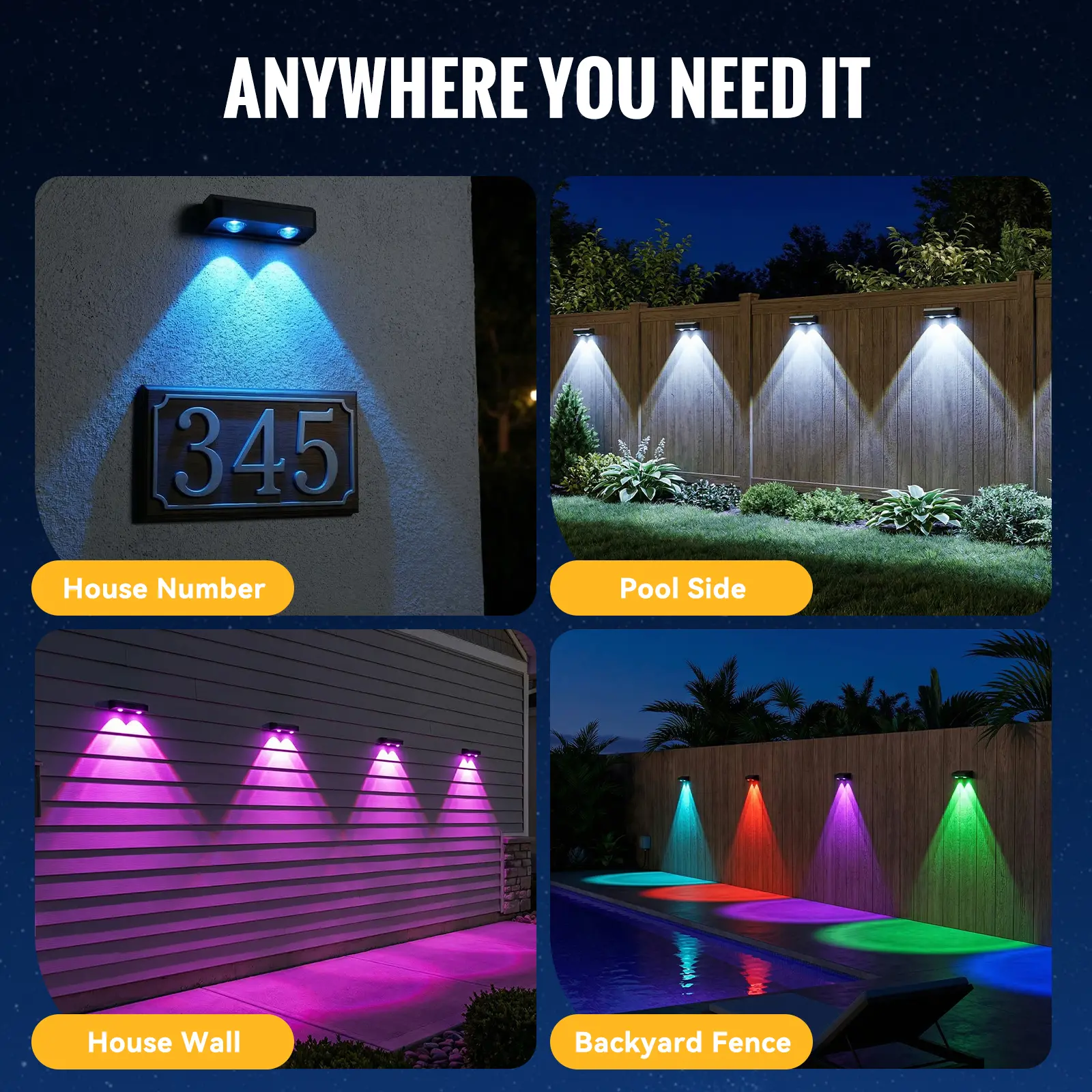 AGPTEK 4-Pack Solar Fence Lights – RGB & Warm White, 8 Colors Fixed, Auto On/Off, Waterproof IP65