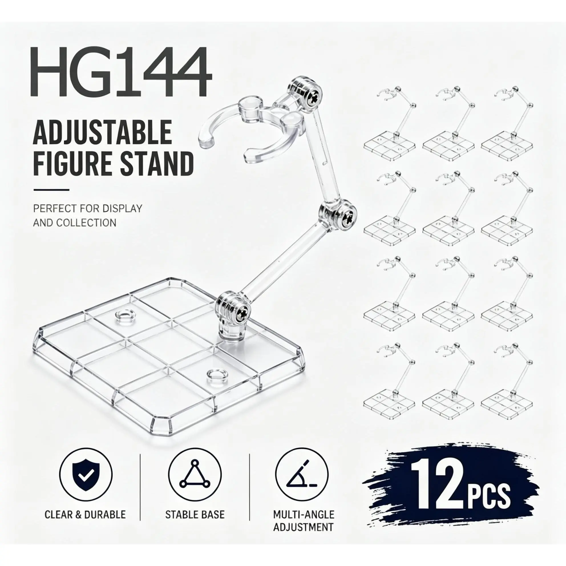 12 Pack Adjustable Action Figure Display Stands, Plastic Model Holder Base, Compatible with 6–8 Inch Figures, HG 1/144 Gundam, Figma, Mafex, Ideal for Diorama & Model Collector Display