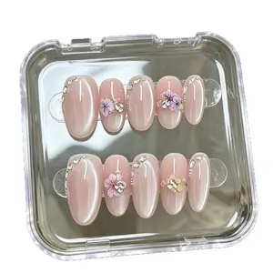 Press-On False Nails - Almond-Shaped, Short/Medium/Long Oval Sizes, Hand-Painted Embossed Flowers, Zircon Gradient Halo, Rhinestone Details, Removable Reusable, Plastic Artificial Fingers with Acrylic Nail Stickers