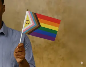 Small Daniel Quasar Progress Pride Intersex-Inclusive Flags on Stick – Handheld Progress Pride Mini Flags with Intersex Circle Design, Polyester Fabric & Plastic Stick for LGBTQ+ Parades, Pride Events, Rallies & Decorations