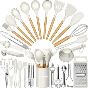 Kitchen Utensil Set, 34 count Heat Resistant Kitchen Gadgets and Tools With Grater, Cream White  Handles for Nonstick Cookware
