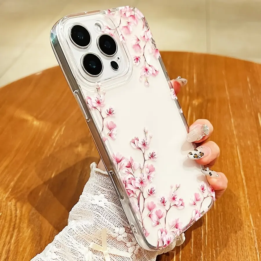 Transparent TPU Full-coverage Anti-fall Protection Soft Case with Gorgeous Cherry Blossom Pattern for Phone16/17/XR/11/12/13/14/15 Plus Pro Max Durable Anti-fouling Anti-fingerprint Birthday Gift