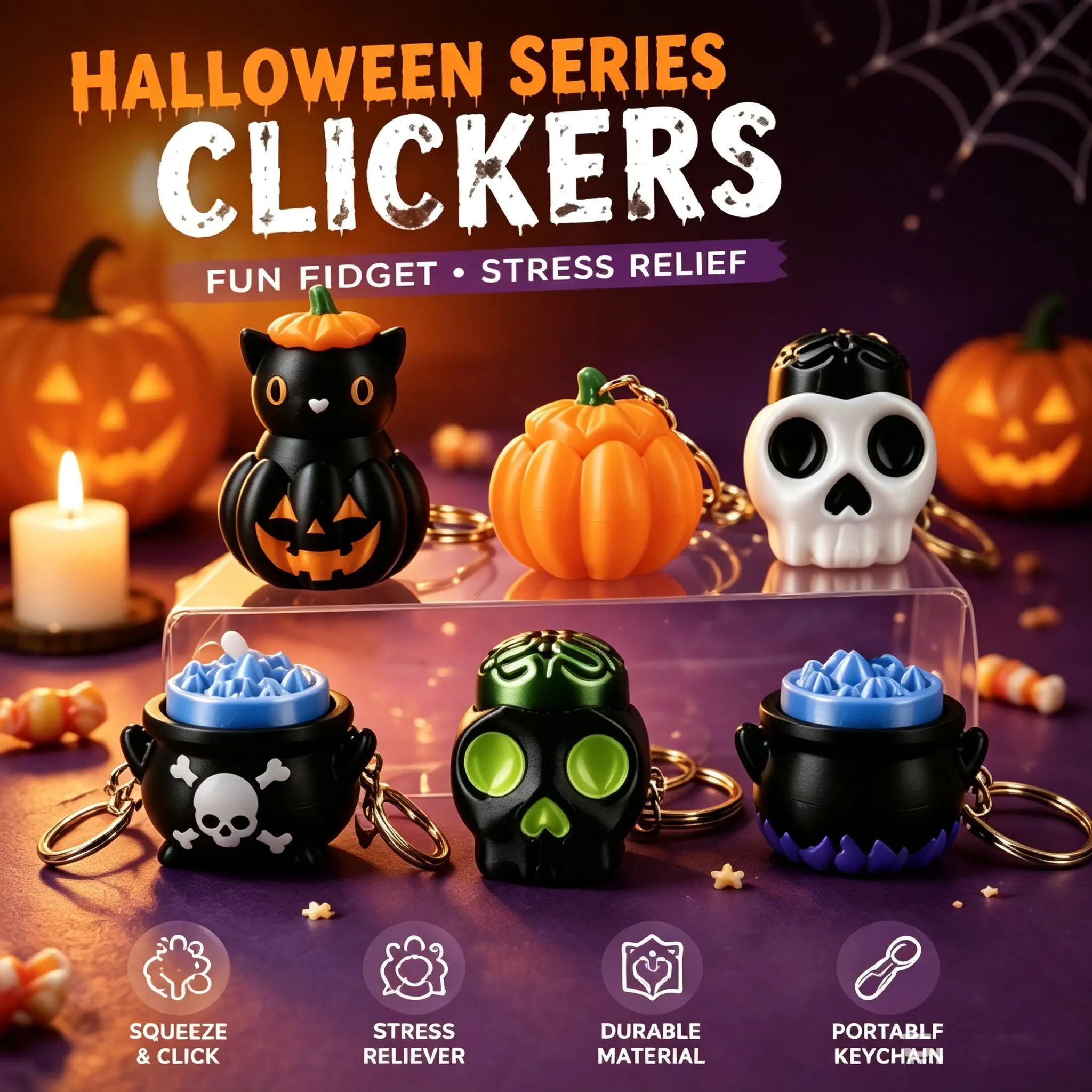 3D Printed Halloween Clicker Keychain, Pumpkin Skull Cauldron Fidget Click Toy, Portable Stress Relief Fidget Keychain, Spooky Halloween Party Favor Gift