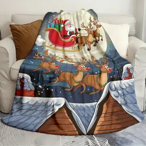 Multipurpose holiday gift blankets Santa Claus Flying in Sleigh with Reindeer Stylish blankets Warming blanket soft and comfortable blanket travel blanket birthday gift