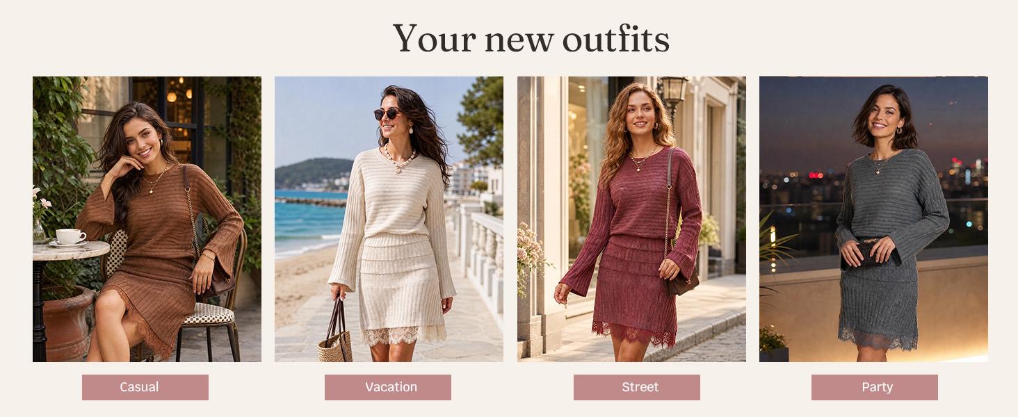 Wenrine Women's Pullover Crew Neck Long Sleeve Knitted Ribbed A-Line Midi Dress - Elastane Viscose Blend, Lace Hem, Bodycon-Friendly Casual Wear for Fall Winter Holiday Gathering, Do Not Dry Clean