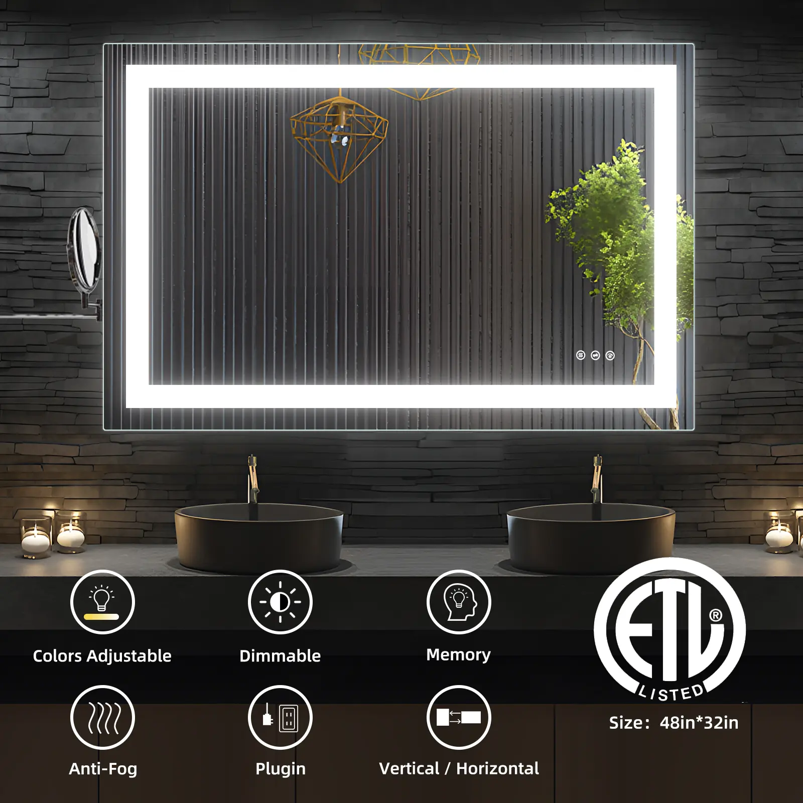 48X36inch LED Bathroom Mirror, Dimmable, Backlit & Front Lit, High-Definition Anti-fog, Lighted Bathroom Vanity Mirror, Memory Function, Tempered Glass, Shatter-Proof, ETL Liste