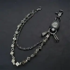 Distressed Dice Double-Layer Pants Chain - Engraved Metal and Leather Tag Chain for Punk Hip-Hop Streetwear Fashion Accessories