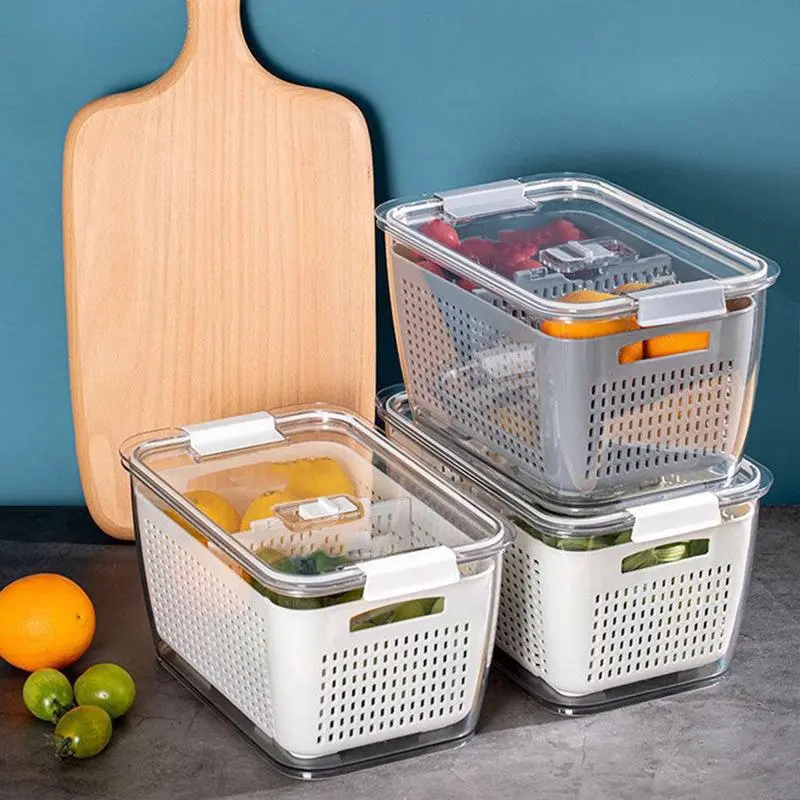 3-Piece Rectangular Airtight Produce Storage Containers with Drain Baskets, Locking Lids & Seals - Non-Glass Containers for Easy Meal Prep, Meal Prep Jar Use, Reduces Clutter (Kitchen Preserving Utensils), Rectangular Bin
