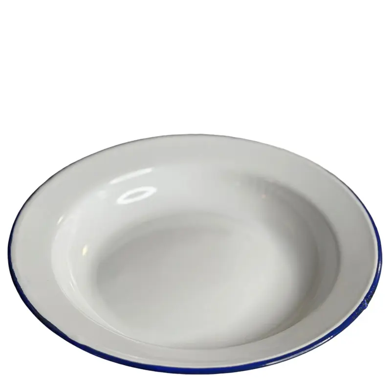 Asyèt Blan Larj Emaye Enamel Plate 26cm - White Enamel Dinnerware with Blue Rim for Everyday Use