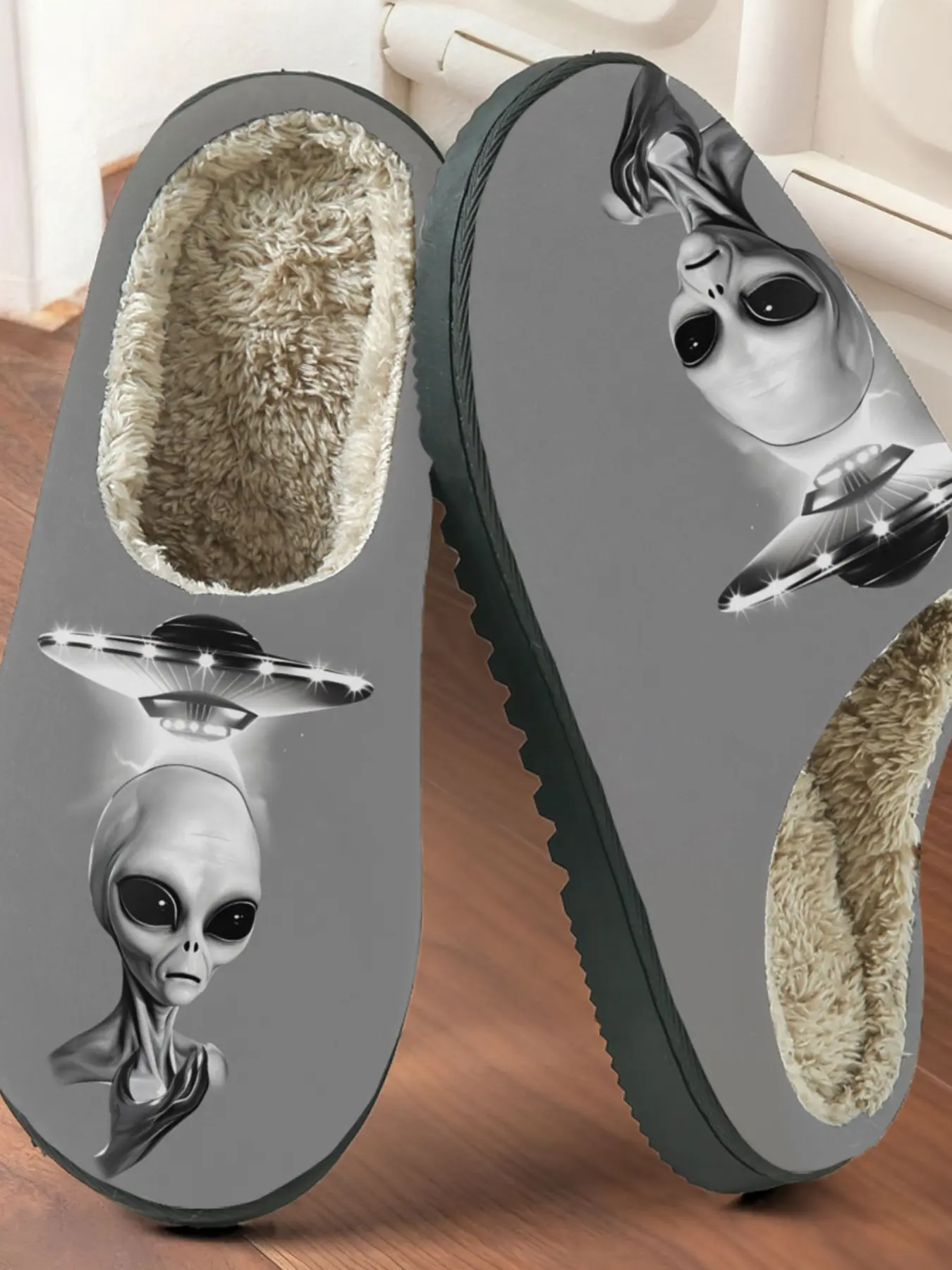 Alien Ufo Print Cotton Slippers, Mystery Sci-Fi Style, Plush Lined Anti-Slip Thick Sole, Home Warm Shoes for Men and Women, Fall & Winter