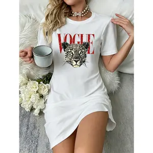 Leopard Print T-Shirt Dress Trendy Animal Graphic Casual High-Stretch Mini Tee Dress