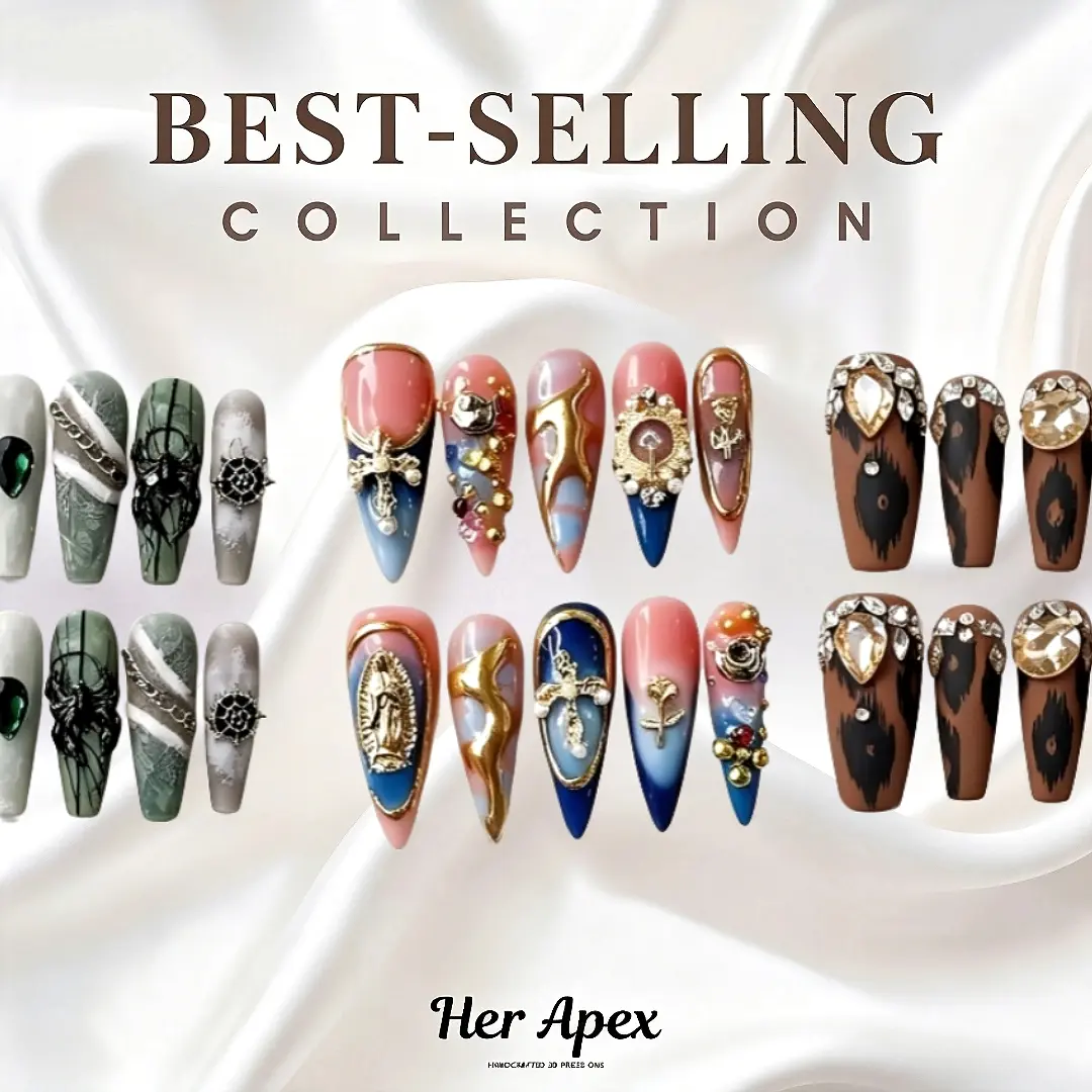 Her Apex BEST-SELLING Collection - Handmade Press-On Nails | Reusable, Salon-Quality, Long-Lasting, Glossy Design Acrylic Gel System gold filigree cool gift luxury Natural French False Nail