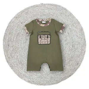 Baby Boys Dark Green Cotton Fabric Fishing Camouflage Box Embroidery Summer Boutique Short Sleeve Bubble Rompers