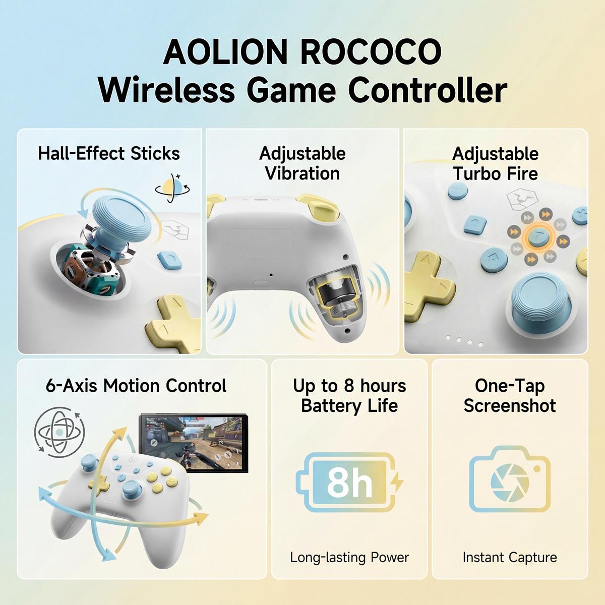 AOLION ROCOCO Wireless Bluetooth Controller Compatible with Switch, Gamepad for PC, Mobile & Tablet, Ergonomic Grip, Rechargeable