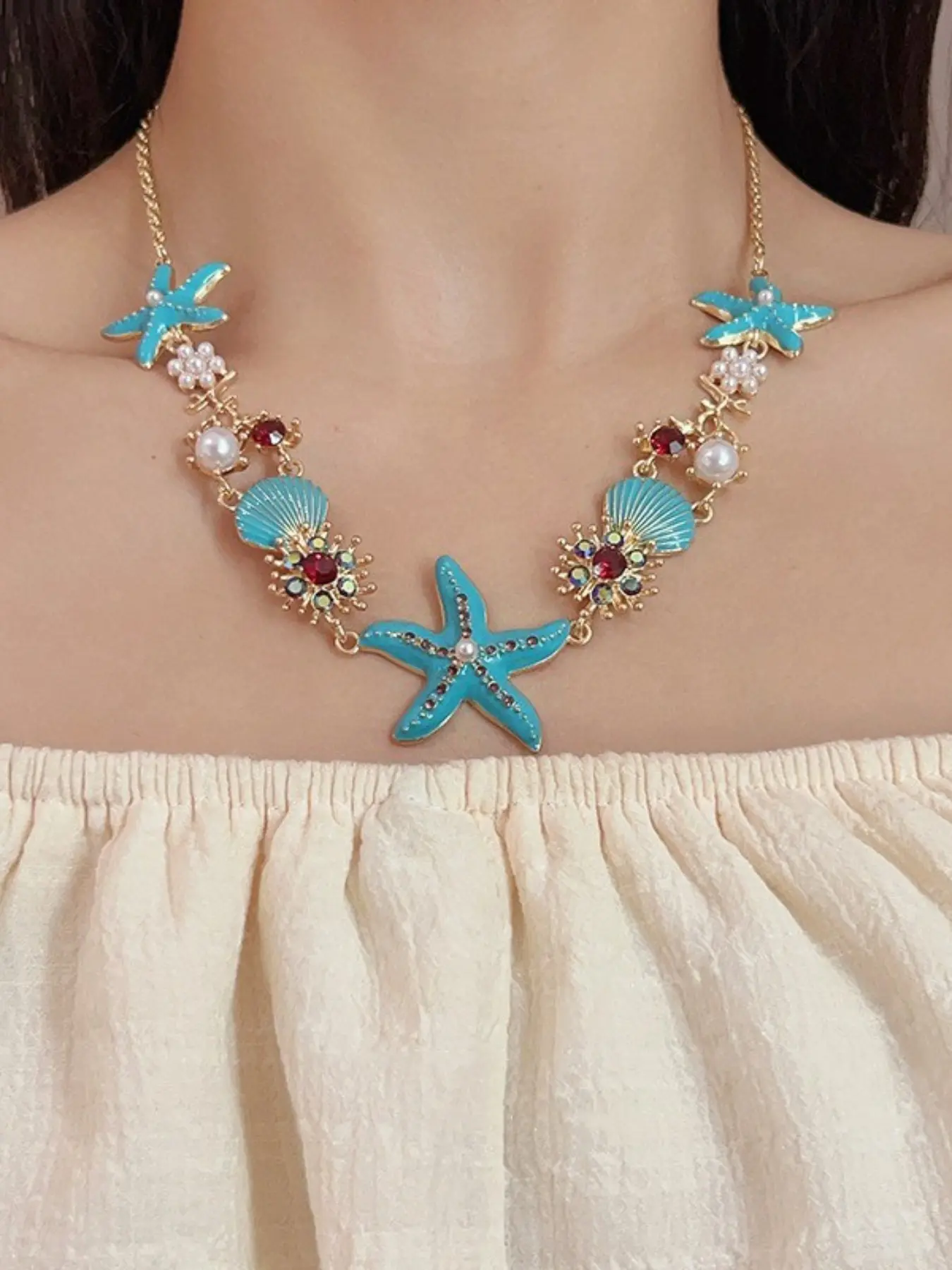 1 sweet and dreamy ocean starfish shell necklace bracelet, beach vacation style collarbone chain, perfect accessory for daily holiday wear, Maximalist jewelry, Jewellery
