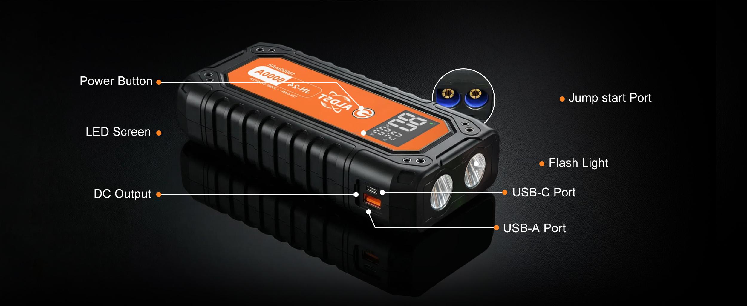 Portable Jump Starter 5000A, 12V Car Battery Booster with LED Display, 45W PD Fast Recharge, IP65 Waterproof, SOS Flashlight for Emergency,Portable High-Power Car Jump Starter