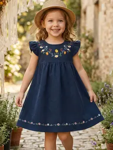Girls' Embroidered Sleeve A-Line Princess Dress, Summer Casual Fashion for Ages 4-8, Lace Hem, Knitted Dress, Perfect for Daily Wear