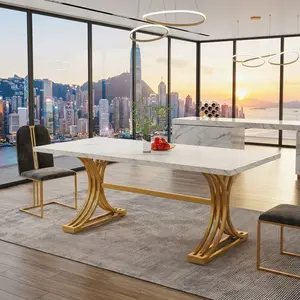 63 Inch Modern Rectangular Dining Table for 4-6 People, White Faux Marble Tabletop with Half-Moon Gold Metal Legs, Luxury Stylish Dinner Table for Kitchen Dining Room Home Decor
