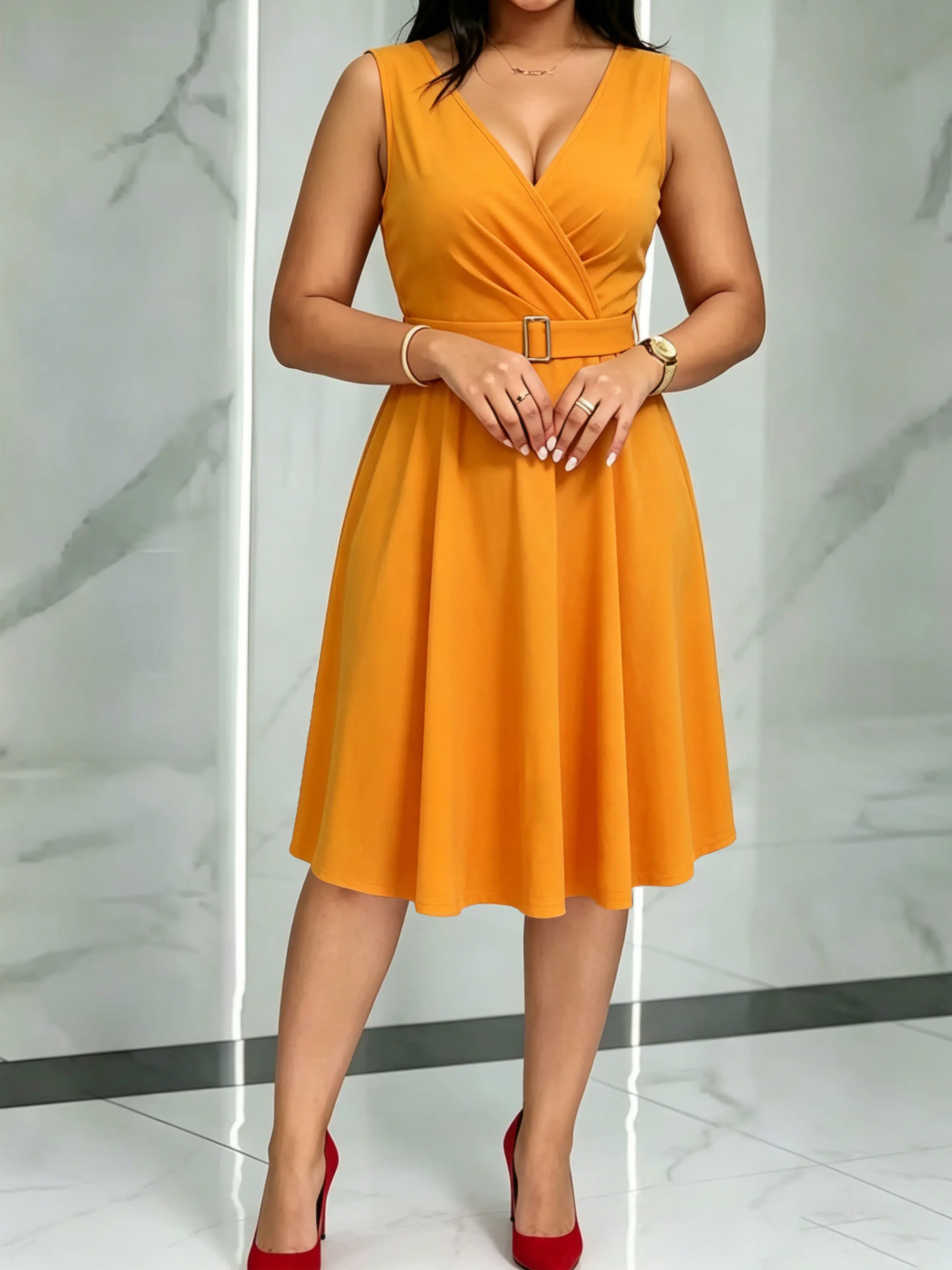 Women's Yellow Sleeveless Wrap Midi Dress - A-line V-Neck with Tie Strap, Formal Casual Date Outfit Sleeveless Midi Party Dress, Sleeveless Midi Party Dresses
