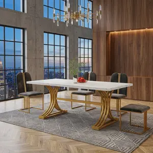 62.99 Inch Modern Dining Table, White Faux Marble Veneer Tabletop with Half-Moon Gold Metal Legs, Sturdy Stable Rectangular Table for 4-6 Persons, Stylish Furniture for Kitchen Dining Room Home