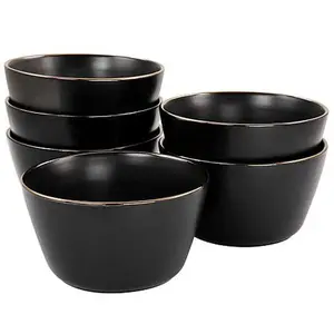 ELAMA Paul 6-Piece Stoneware Bowl Set in Matte Black with Gold Rim
