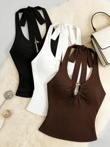 Metal Buckle Hollow Out Draped Halter Top Set, Solid Color Waist Cinch Backless Tie Design Sleeveless Top, Casual Slim-Fitting Three-Piece Set