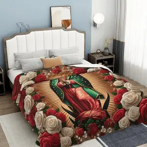 Soft Funny Throw Blanket Virgin Mary With Roses Pattern Flannel Digital Print,All-Season Multipurpose For Home Decor,Nap,Office Shawl,Sofa,Travel Ideal Gift For Christmas,Halloween,Thanksgiving,New Year's