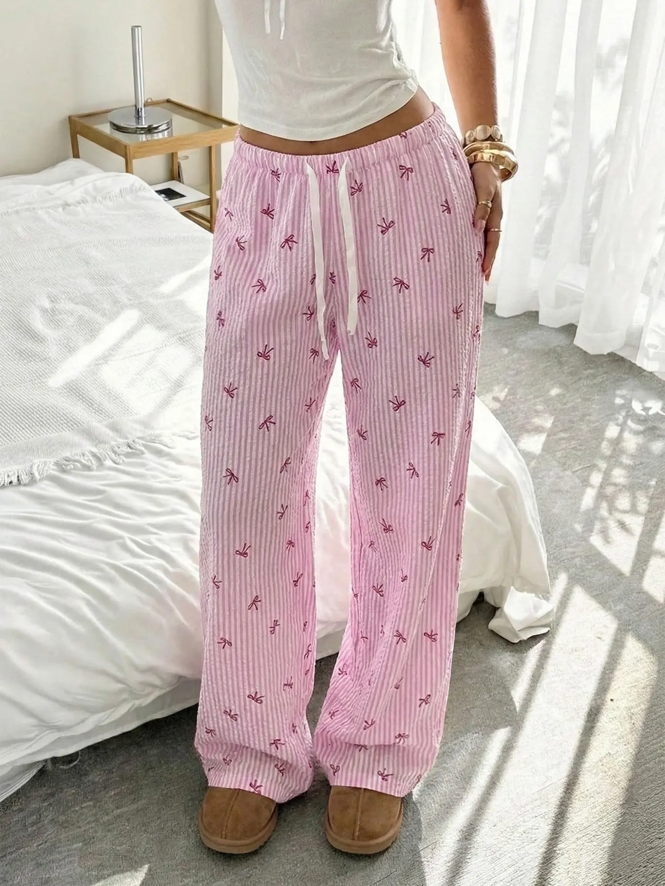 Bowknot Printed Long Pants, Sweet Girl Academy Style, Casual Loose Fit, All Season Wide Leg Pants, Drawstring Waist