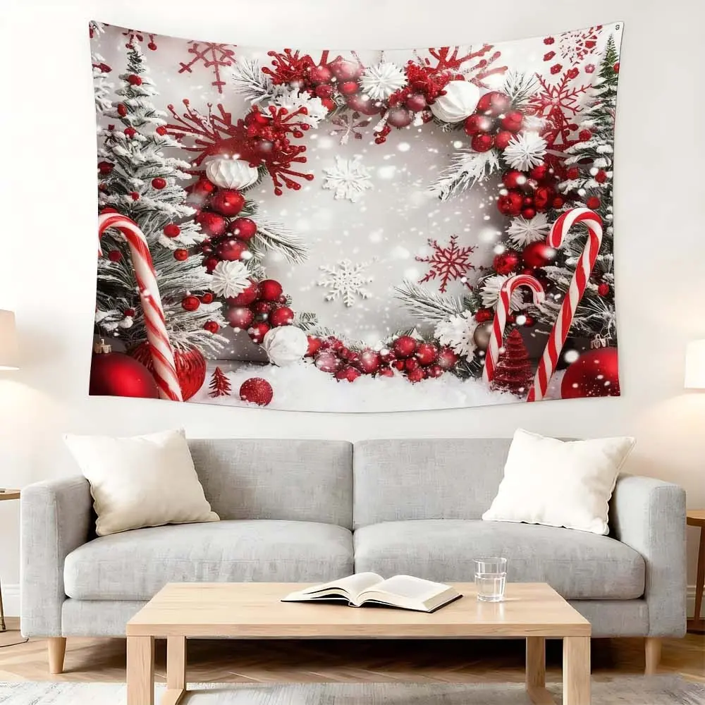 1pc Festive Winter Red and White Christmas Tapestry for Cozy Wall Decoration in Living Room or Bedroom - Perfect Holiday Background Fabric with Snowflakes and Candy Cane Accents