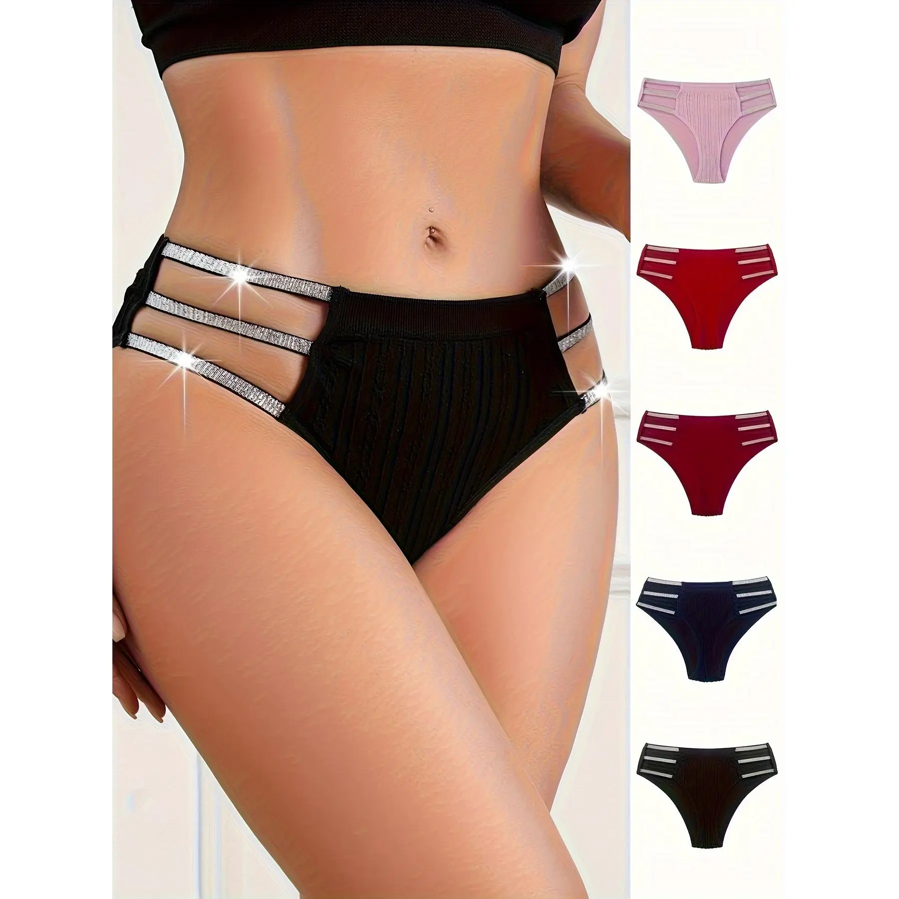 Lady's 5-Piece Low-Rise Hollow-Out Triangle Panties Set - Shiny Elastic Band Hug, Mixed 5 Colors, Mature Elegant, Soft, Breathable, Highly Elastic