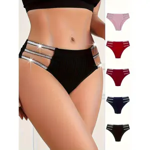 5-piece set of women's sexy hollow-out triangle panties, with shiny waistband, mixed in 5 colors, fashionable low-rise panties, mature and elegant, comfortable, soft, breathable, and highly elastic