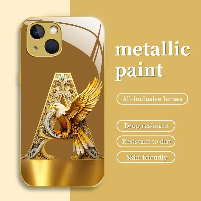 Suitable for [iPhone 15 Plus ] Luxury Gold Eagle Monogram Metallic Finish Glass Case, Personalized A-Z Initial Phone Case, Glossy Aesthetic Protective Cover, Drop-Resistant & Scratch-Resistant JS996