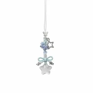 Sweet Cute Ice Transparent Star Flower Pendant Resin Bowknot Beaded Phone Strap Hand Knitting Bag Decoration Mobile Bag