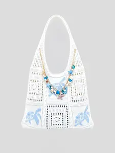 Women's Summer Beach Handbag, Crochet Design, Turtle Pattern, Starfish Shell Pendant, Large Capacity Open Top Bag, Boho Style, Fashionable Bohemian Bag