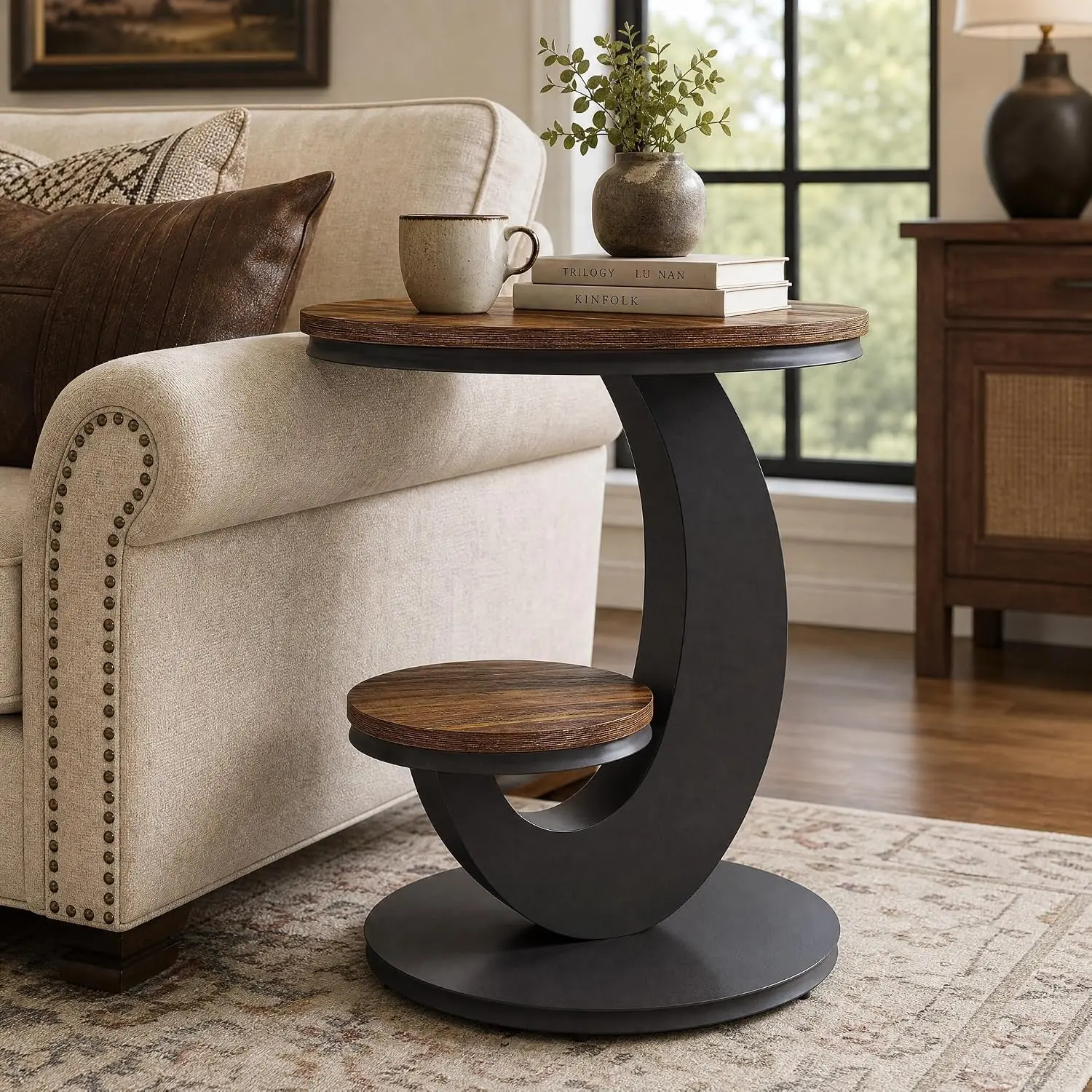 Tribesigns C-Shaped Round End Table with 2-Tier Shelf Storage,Corner Tables for Living Room,Night Stand for Bedroom, Wood Bedside Table for Sofa