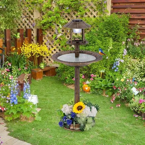 COSTWAY Outdoor Bird Bath, 42’’ Solar Lighted Pedestal Birdbaths with Birds Feeder ,20’’ Water Bowl, Flower Planters and 3 Stakes, Attract Birds Antique Bird Bath for Outside Garden, Yard