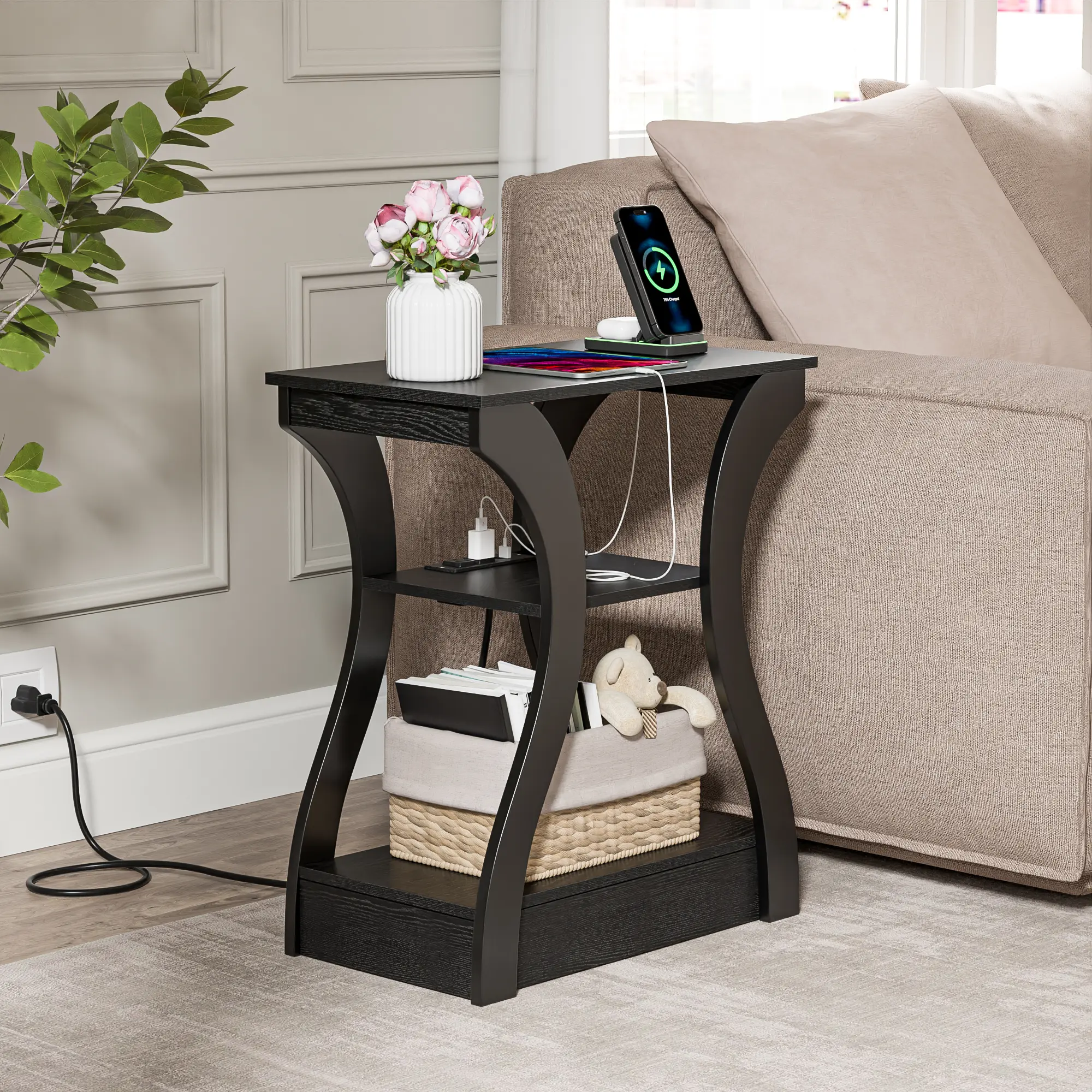 LEMY Modern 3-Tier Curved Accent End Table - MDF Wood Furniture with Built-in Charging Station, USB Ports, 19.6*11.8*23.4in Storage Shelf, Easy Set-Up for Living Room, Modern Bedroom (Assembly Required), Three Tier Shelf